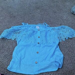 Blue off the shoulder blouse with buttons